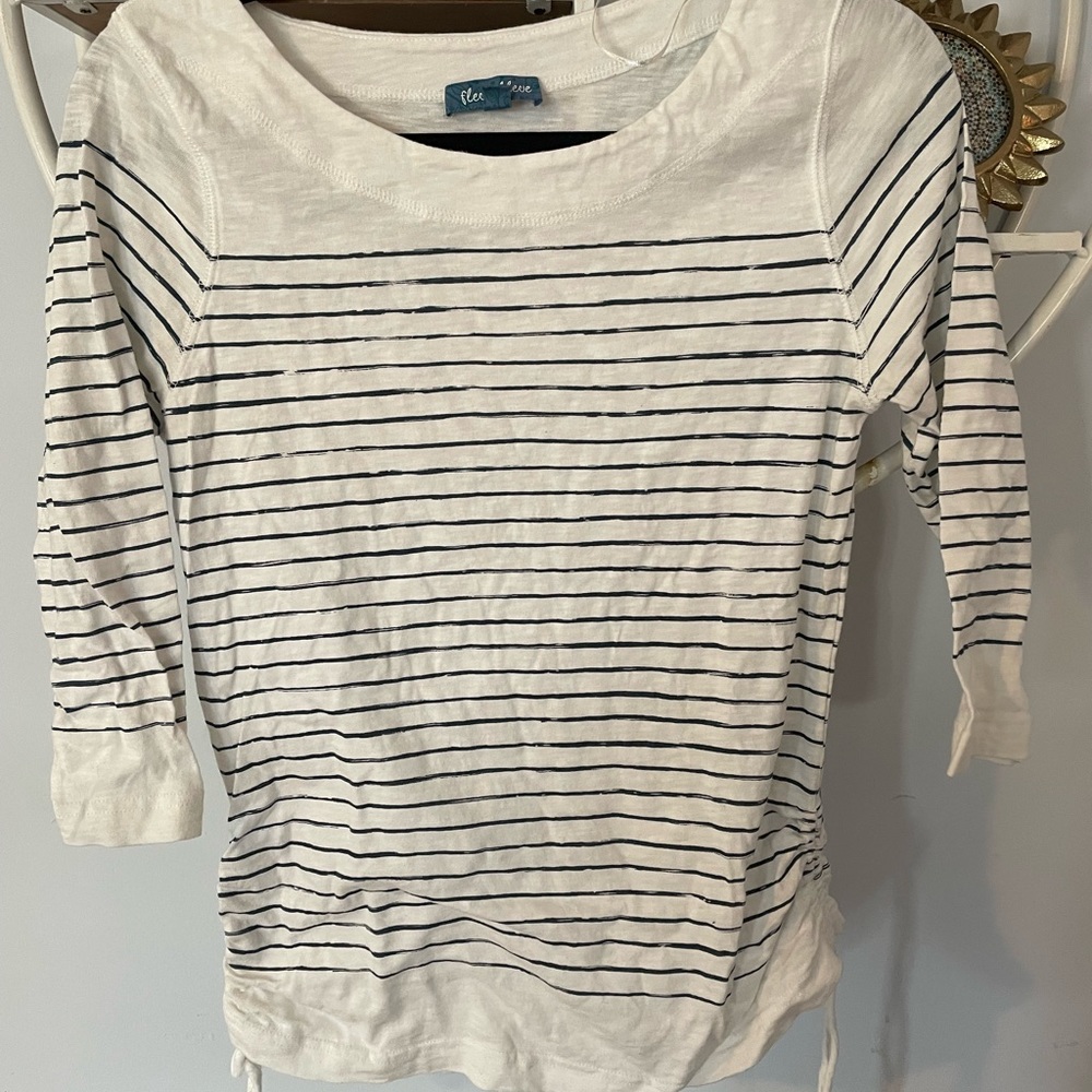 Fleur Blue Women's Small S Nautical Striped Gathered Long Sleeve Shirt Blue